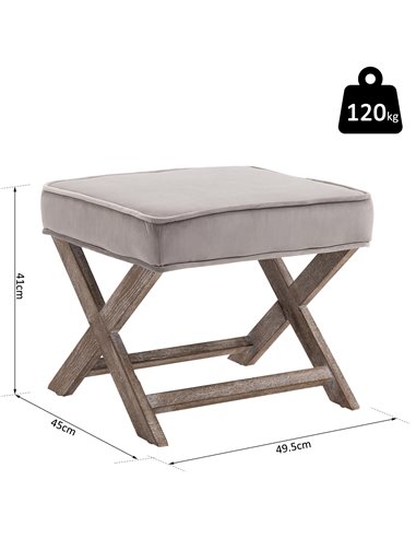 HOMCOM Padded Footstool with Velvet Cover and X Leg Chair, Shabby Chic Footrest, Solid Rubber Wood, 49.5 x 45 x 41 cm, Grey 833-