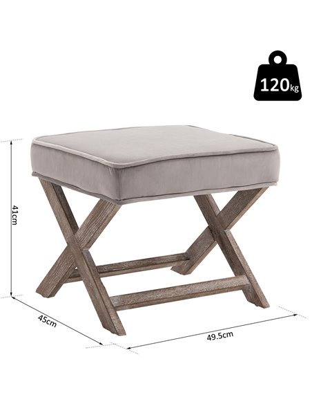 HOMCOM Padded Footstool with Velvet Cover and X Leg Chair, Shabby Chic Footrest, Solid Rubber Wood, 49.5 x 45 x 41 cm, Grey 833- - pic 71208 | FastDaddyshop