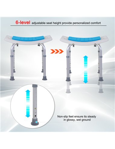 HOMCOM 6-Level Height Adjustable Aluminium Bath Room Stool Chair Shower Non-Slip Design w/ Padded Seat Drainiage Holes Foot Pad 