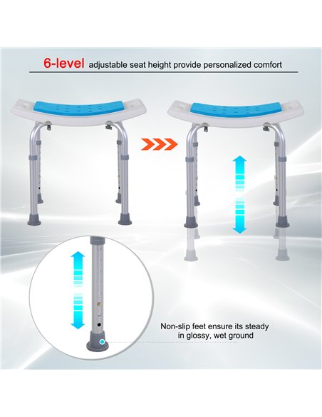 HOMCOM 6-Level Height Adjustable Aluminium Bath Room Stool Chair Shower Non-Slip Design w/ Padded Seat Drainiage Holes Foot Pad  - pic 71228 | FastDaddyshop