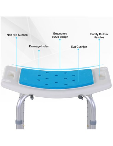 HOMCOM 6-Level Height Adjustable Aluminium Bath Room Stool Chair Shower Non-Slip Design w/ Padded Seat Drainiage Holes Foot Pad 