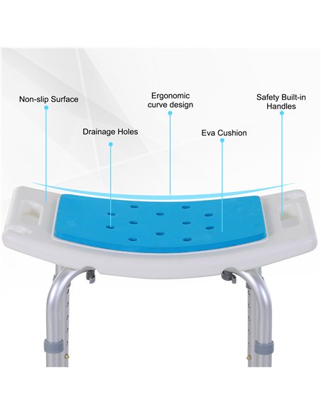 HOMCOM 6-Level Height Adjustable Aluminium Bath Room Stool Chair Shower Non-Slip Design w/ Padded Seat Drainiage Holes Foot Pad  - pic 71229 | FastDaddyshop