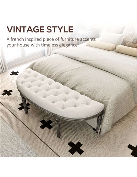HOMCOM Ottoman Footstool, Half-Circle End Bench with Tufted Padded Seat and Brushed Wood Base, Antique Accents, Cream White 831- - pic 71236 | FastDaddyshop