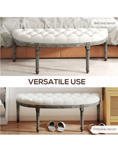 HOMCOM Ottoman Footstool, Half-Circle End Bench with Tufted Padded Seat and Brushed Wood Base, Antique Accents, Cream White 831-