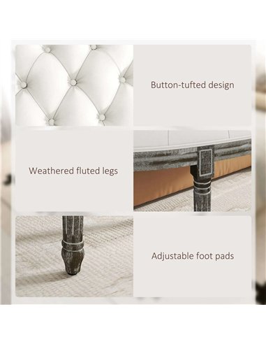 HOMCOM Ottoman Footstool, Half-Circle End Bench with Tufted Padded Seat and Brushed Wood Base, Antique Accents, Cream White 831-