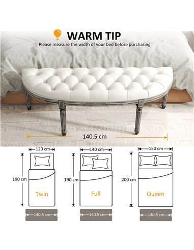 HOMCOM Ottoman Footstool, Half-Circle End Bench with Tufted Padded Seat and Brushed Wood Base, Antique Accents, Cream White 831-
