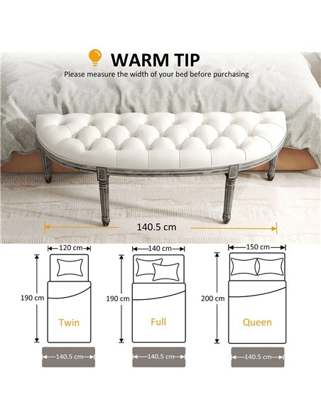 HOMCOM Ottoman Footstool, Half-Circle End Bench with Tufted Padded Seat and Brushed Wood Base, Antique Accents, Cream White 831- - pic 71239 | FastDaddyshop