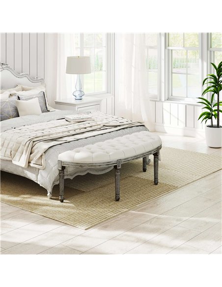 HOMCOM Ottoman Footstool, Half-Circle End Bench with Tufted Padded Seat and Brushed Wood Base, Antique Accents, Cream White 831- - pic 71240 | FastDaddyshop