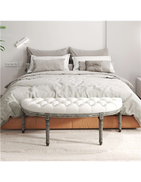 HOMCOM Ottoman Footstool, Half-Circle End Bench with Tufted Padded Seat and Brushed Wood Base, Antique Accents, Cream White 831- - pic 71241 | FastDaddyshop