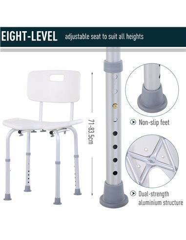 HOMCOM 8-Level Height Adjustable Bath Stool Spa Shower Chair Aluminum w/ Non-Slip Feet and Handle, Load Capacity 136kg 713-046