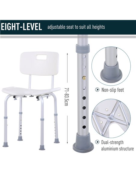 HOMCOM 8-Level Height Adjustable Bath Stool Spa Shower Chair Aluminum w/ Non-Slip Feet and Handle, Load Capacity 136kg 713-046 - pic 71272 | FastDaddyshop
