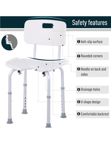 HOMCOM 8-Level Height Adjustable Bath Stool Spa Shower Chair Aluminum w/ Non-Slip Feet and Handle, Load Capacity 136kg 713-046