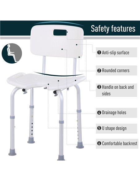 HOMCOM 8-Level Height Adjustable Bath Stool Spa Shower Chair Aluminum w/ Non-Slip Feet and Handle, Load Capacity 136kg 713-046 - pic 71273 | FastDaddyshop