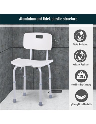 HOMCOM 8-Level Height Adjustable Bath Stool Spa Shower Chair Aluminum w/ Non-Slip Feet and Handle, Load Capacity 136kg 713-046
