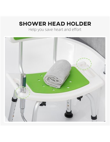 HOMCOM Shower Chair, 6-Level Height Adjustable Shower Stool with Backrest, Curved Seat, Anti-slip Foot Pads, 136kg Capacity, Gre
