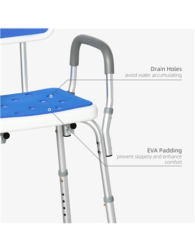 HOMCOM Shower Stools Shower Seat for Elderly and Disabled, EVA Padded, Height Adjustable with Back and Arms, 4 Suction Foot Pads