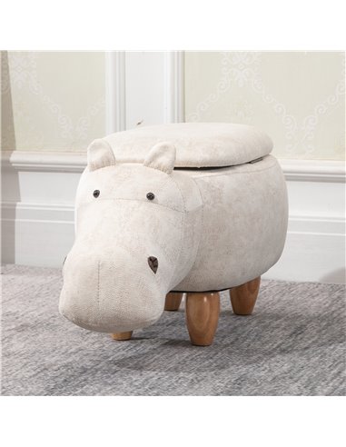 HOMCOM Hippo Storage Stool Cute Decoration Footrest Wood Frame Legs with Padding Lid Ottoman Animal Furniture Cream 36 x 65cm 83