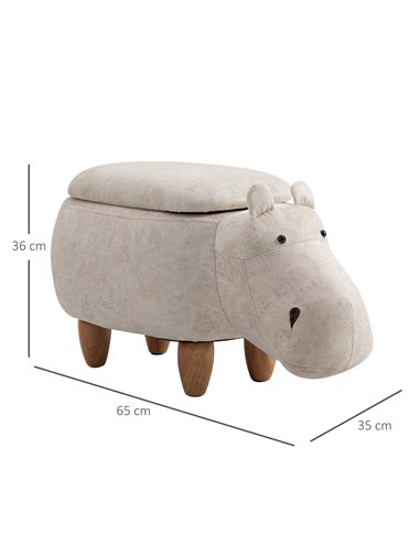 HOMCOM Hippo Storage Stool Cute Decoration Footrest Wood Frame Legs with Padding Lid Ottoman Animal Furniture Cream 36 x 65cm 83
