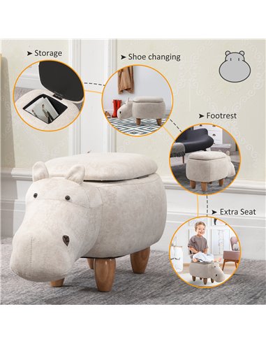 HOMCOM Hippo Storage Stool Cute Decoration Footrest Wood Frame Legs with Padding Lid Ottoman Animal Furniture Cream 36 x 65cm 83