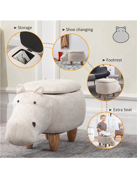 HOMCOM Hippo Storage Stool Cute Decoration Footrest Wood Frame Legs with Padding Lid Ottoman Animal Furniture Cream 36 x 65cm 83 - pic 71443 | FastDaddyshop