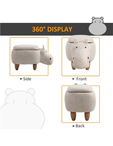 HOMCOM Hippo Storage Stool Cute Decoration Footrest Wood Frame Legs with Padding Lid Ottoman Animal Furniture Cream 36 x 65cm 83
