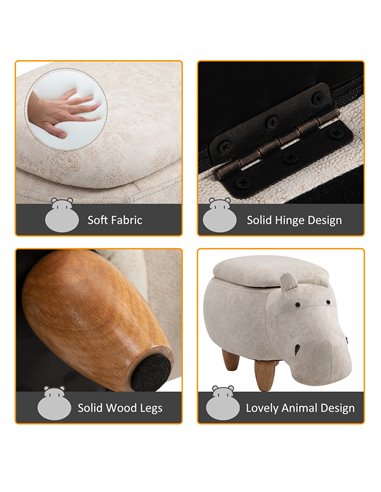 HOMCOM Hippo Storage Stool Cute Decoration Footrest Wood Frame Legs with Padding Lid Ottoman Animal Furniture Cream 36 x 65cm 83