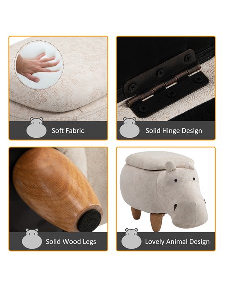HOMCOM Hippo Storage Stool Cute Decoration Footrest Wood Frame Legs with Padding Lid Ottoman Animal Furniture Cream 36 x 65cm 83 - pic 71446 | FastDaddyshop