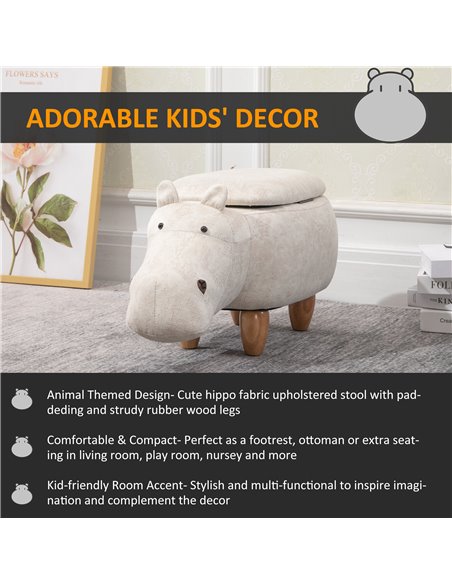 HOMCOM Hippo Storage Stool Cute Decoration Footrest Wood Frame Legs with Padding Lid Ottoman Animal Furniture Cream 36 x 65cm 83 - pic 71448 | FastDaddyshop