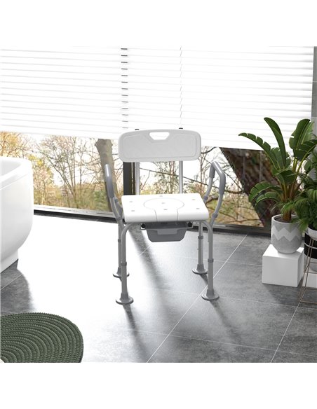 HOMCOM Height Adjustable Shower Stool with Arms and Back, Non-Slip Bedside Commode with Detachable Bucket for Elderly, White 713 - pic 71450 | FastDaddyshop