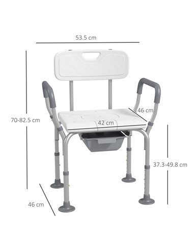 HOMCOM Height Adjustable Shower Stool with Arms and Back, Non-Slip Bedside Commode with Detachable Bucket for Elderly, White 713