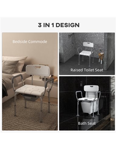 HOMCOM Height Adjustable Shower Stool with Arms and Back, Non-Slip Bedside Commode with Detachable Bucket for Elderly, White 713