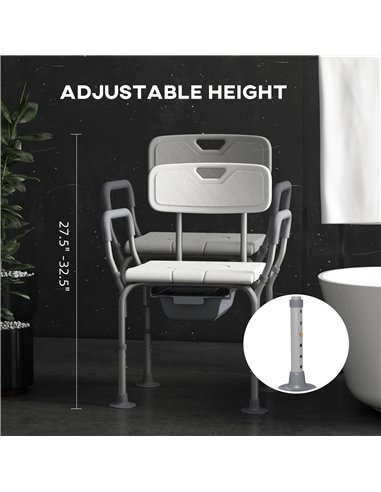 HOMCOM Height Adjustable Shower Stool with Arms and Back, Non-Slip Bedside Commode with Detachable Bucket for Elderly, White 713