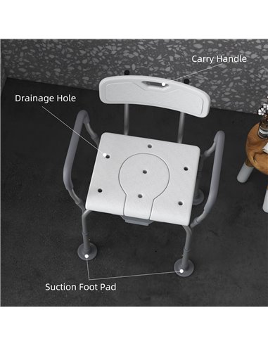 HOMCOM Height Adjustable Shower Stool with Arms and Back, Non-Slip Bedside Commode with Detachable Bucket for Elderly, White 713