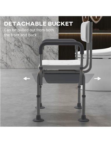 HOMCOM Height Adjustable Shower Stool with Arms and Back, Non-Slip Bedside Commode with Detachable Bucket for Elderly, White 713