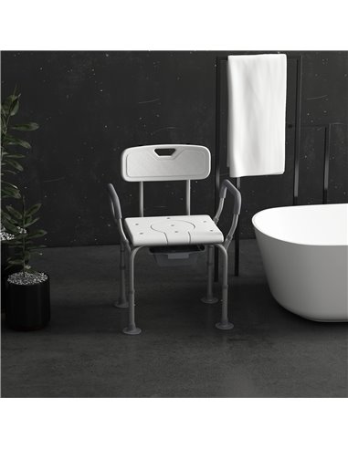 HOMCOM Height Adjustable Shower Stool with Arms and Back, Non-Slip Bedside Commode with Detachable Bucket for Elderly, White 713