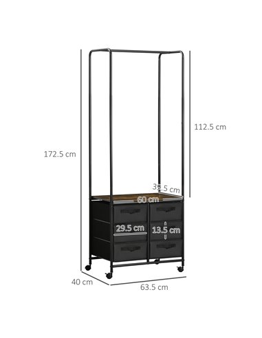 HOMCOM Industrial Hanging Clothes Rail, Clothes Rack with 6 Fabric Drawers, Open Wardrobe Organiser for Hallway, Bedroom and Clo