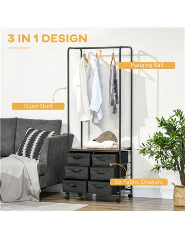 HOMCOM Industrial Hanging Clothes Rail, Clothes Rack with 6 Fabric Drawers, Open Wardrobe Organiser for Hallway, Bedroom and Clo