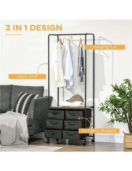 HOMCOM Industrial Hanging Clothes Rail, Clothes Rack with 6 Fabric Drawers, Open Wardrobe Organiser for Hallway, Bedroom and Clo - pic 7171 | FastDaddyshop