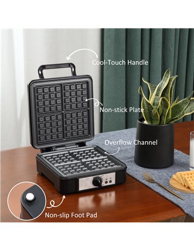 HOMCOM Waffle Maker 4 Slice Iron Machine with Adjustable Temperature, Deep Cooking Plates, Non-stick, 1200W, Black 800-135V70