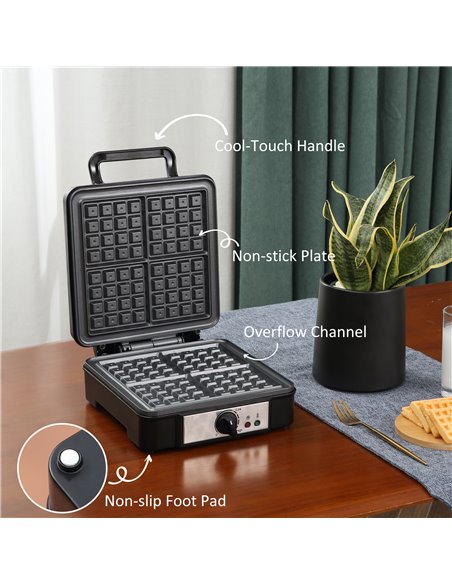 HOMCOM Waffle Maker 4 Slice Iron Machine with Adjustable Temperature, Deep Cooking Plates, Non-stick, 1200W, Black 800-135V70 - pic 71776 | FastDaddyshop