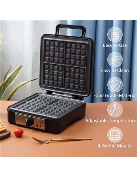 HOMCOM Waffle Maker 4 Slice Iron Machine with Adjustable Temperature, Deep Cooking Plates, Non-stick, 1200W, Black 800-135V70 - pic 71778 | FastDaddyshop