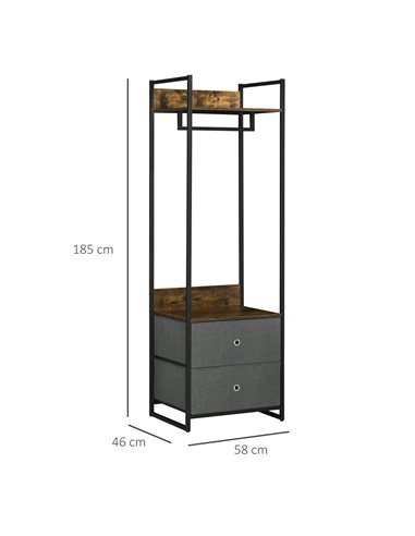 HOMCOM Clothes Rail, Metal Coat Stand, Garment Rack with 2 Fabric Storage Drawers, Single Wardrobe for Bedroom, Hallway, Rustic 