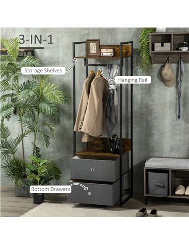 HOMCOM Clothes Rail, Metal Coat Stand, Garment Rack with 2 Fabric Storage Drawers, Single Wardrobe for Bedroom, Hallway, Rustic 