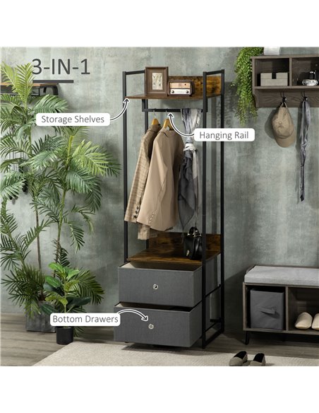 HOMCOM Clothes Rail, Metal Coat Stand, Garment Rack with 2 Fabric Storage Drawers, Single Wardrobe for Bedroom, Hallway, Rustic  - pic 7179 | FastDaddyshop