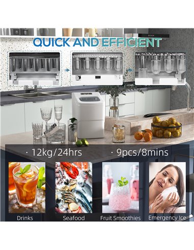 HOMCOM Bullet Ice Cube Maker Portable, Automatic Cleaning, 9 Cubes per 8 Minutes, Visible Window, White 800-063V70WT