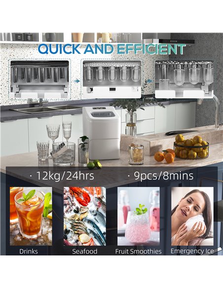 HOMCOM Bullet Ice Cube Maker Portable, Automatic Cleaning, 9 Cubes per 8 Minutes, Visible Window, White 800-063V70WT - pic 71814 | FastDaddyshop