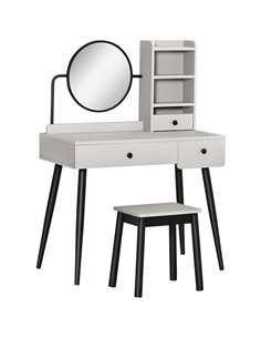 Homcom Dressing Table Set with 3 Drawers, Mirror, Stool and Open Shelves, Grey