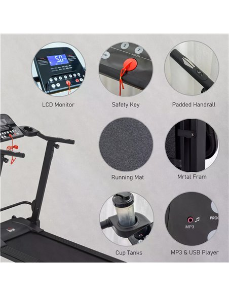 HOMCOM Treadmill Machine Electric Motorised Folding Running Machine MP3 & USB Player 5 Preset Programs w/ LCD Display, Drink Hol - pic 72039 | FastDaddyshop