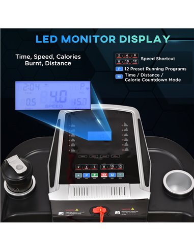 HOMCOM Folding Treadmill Machine Electric Motorised Running Machine 12 Preset Programs w/ LED Display, Drink Holder & Phone Hold