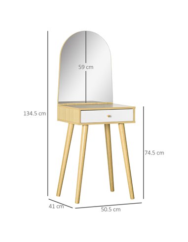 HOMCOM Modern Dressing Table with Large Mirror and Storage Drawer, Compact Vanity Table for Bedroom, Natural